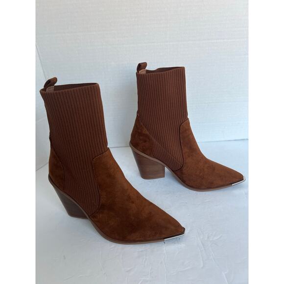 NWOT STEVEN NY Reeve Brown Suede Mid Calf Block Heel Pull On Sock Boots Sz 9.5M - Picture 2 of 10
